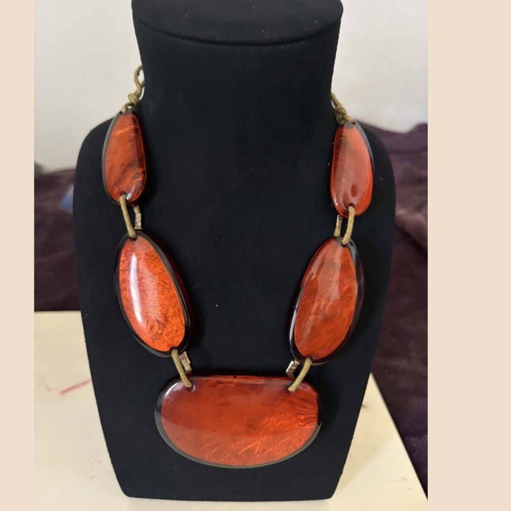 Chunky Statement, Bib Necklace, Amber-Rust-Orange Lucite orange with Gold